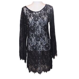 Alexis Black Lace Swim CoverUp Long Sleeve Dress Women Size L
